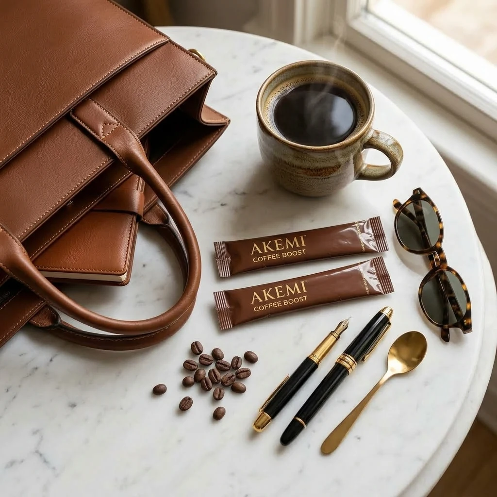 Akemi Coffee Boost single sachet beside ceramic mug and roasted beans on modern kitchen counter