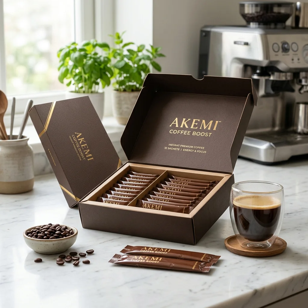 Akemi Coffee Boost open box showing individual daily coffee sachets