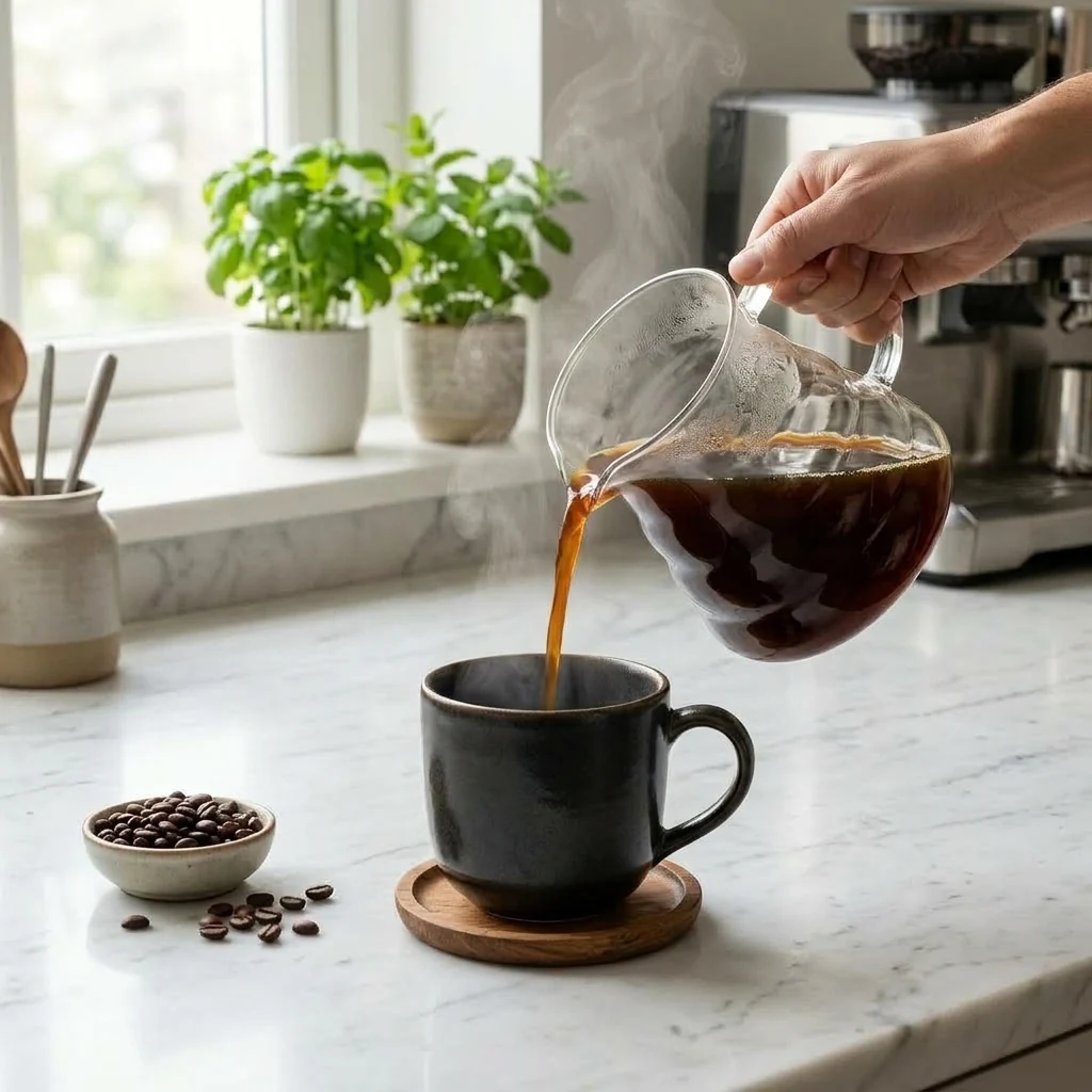 Pouring hot roasted coffee from a carafe into a ceramic coffee mug
