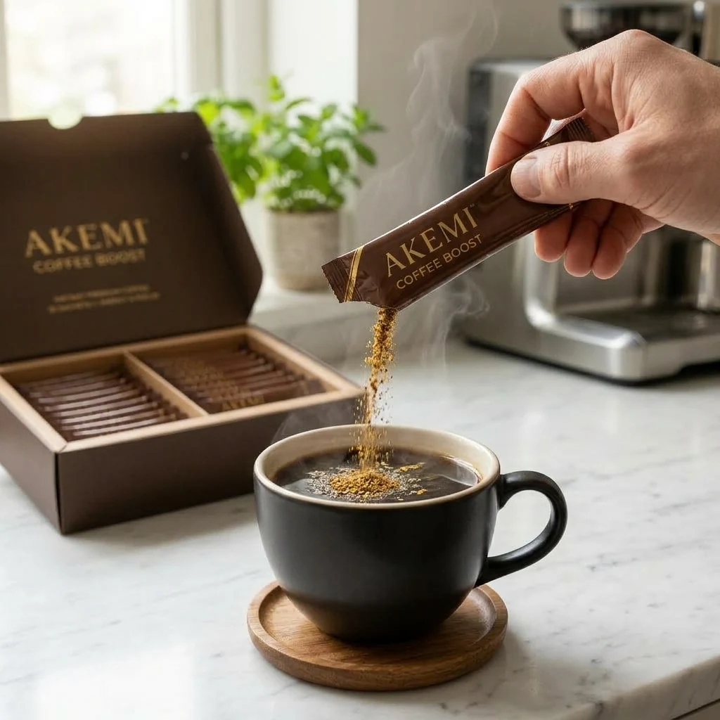 Pouring fine botanical powder from an Akemi sachet into a steaming coffee mug