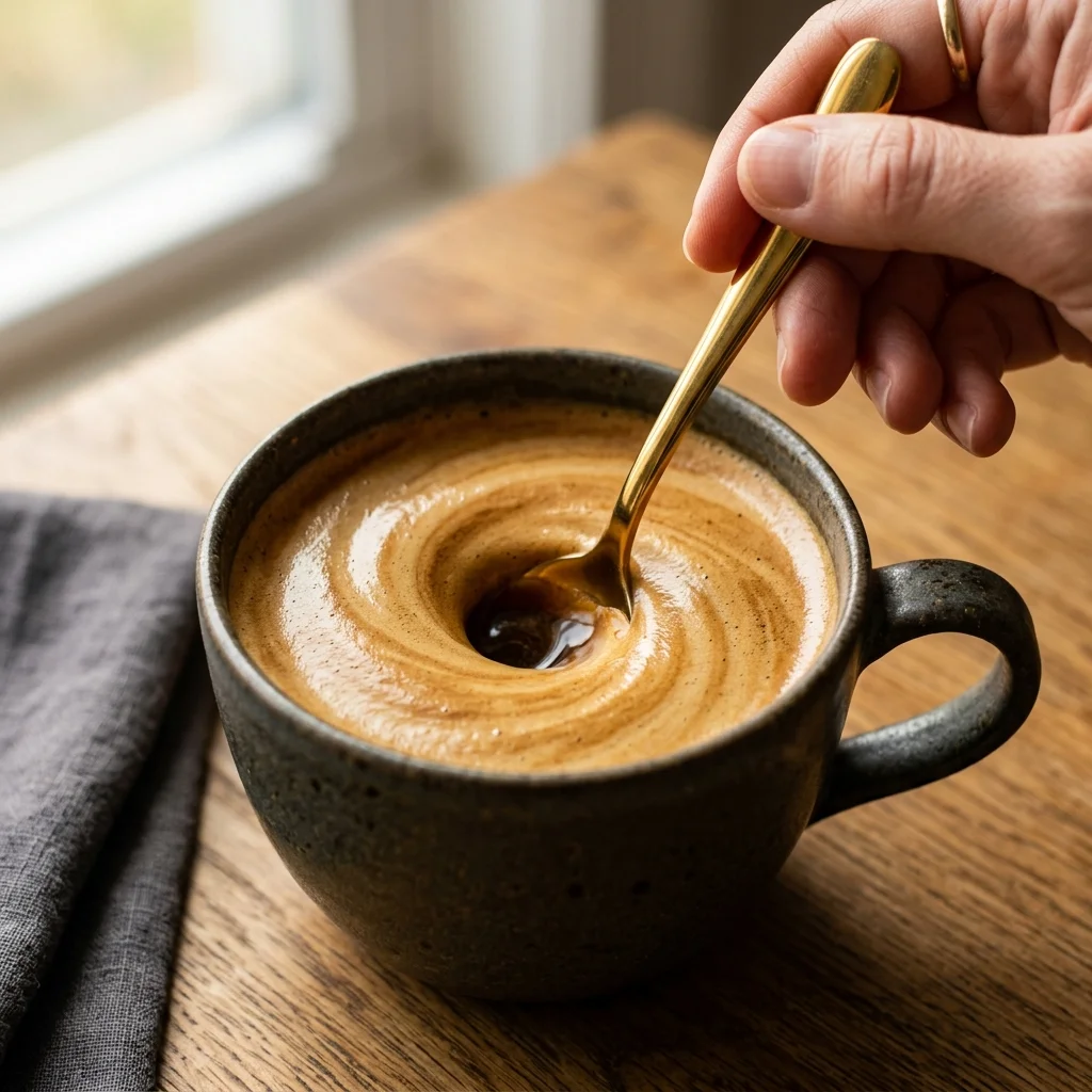 Stirring golden vortex of coffee with spoon showing complete dissolution